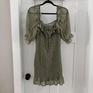 NWT Francescas Mi Ami Sage Green Smocked Puff Sleeve Mini Dress Women's Small S‎
